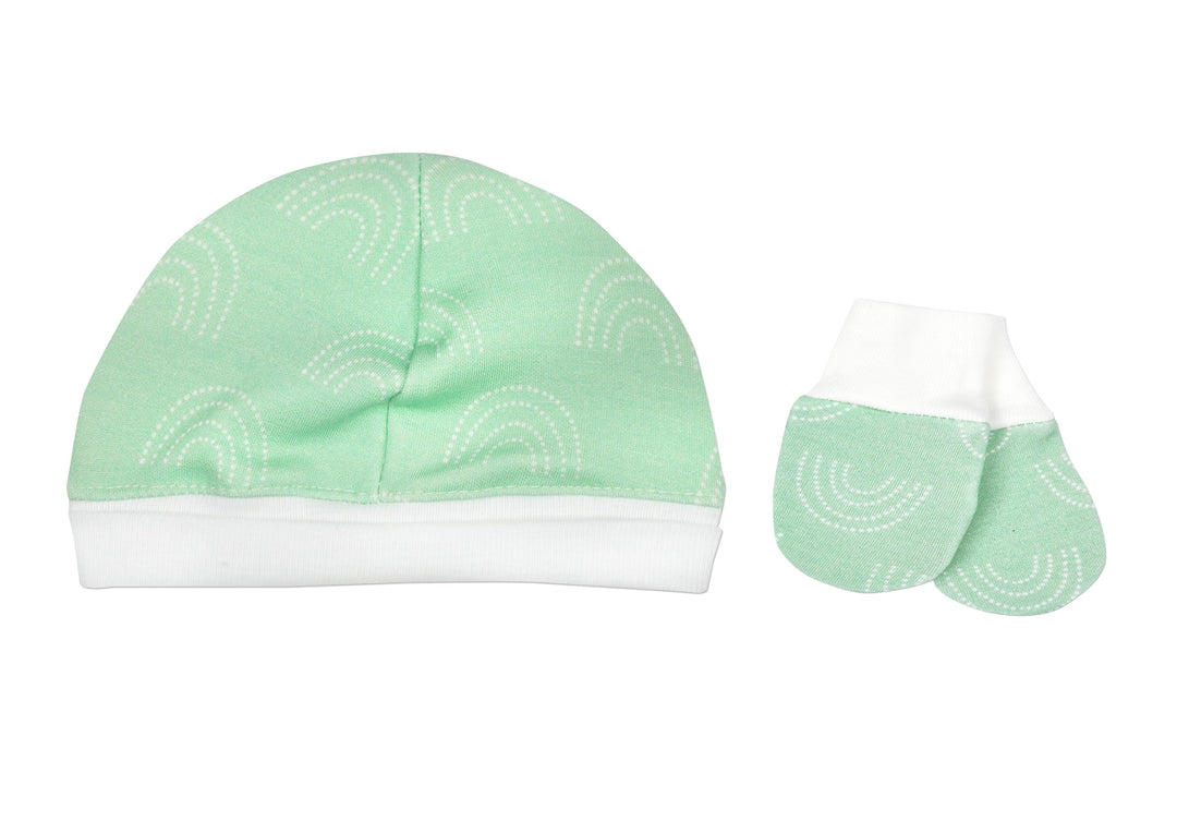 This little Bamboo cap and mittens are perfect for preemies. The fold-up band helps keep bright lights out of little eyes, and provides growing room. 