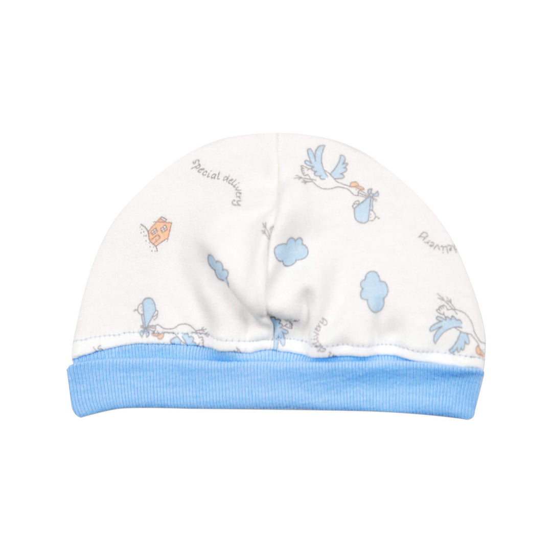 This little Blue Stork cap is perfect for preemies. The fold-up band helps keep bright lights out of little eyes, and provides growing room.