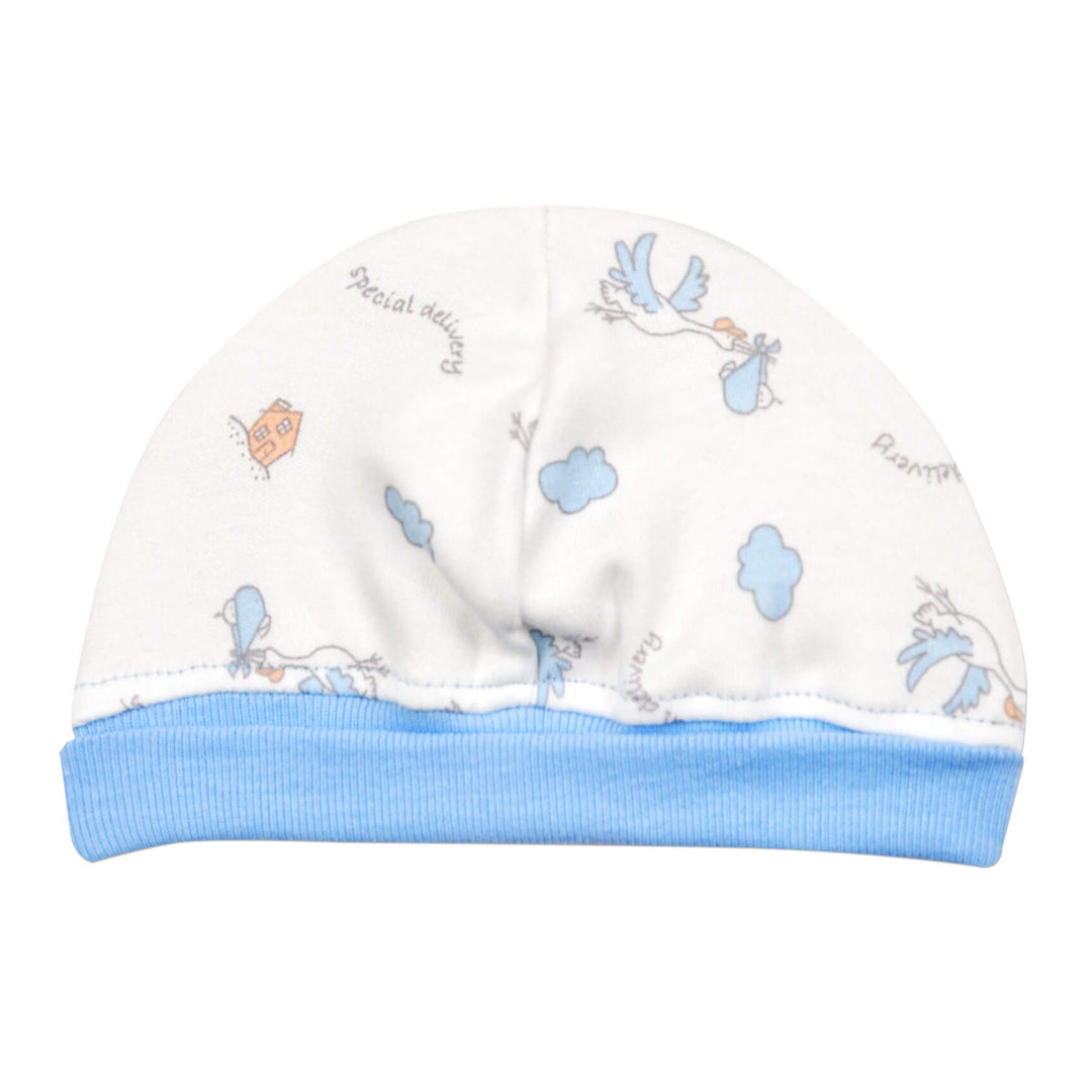 This little Blue Stork cap is perfect for preemies. The fold-up band helps keep bright lights out of little eyes, and provides growing room.