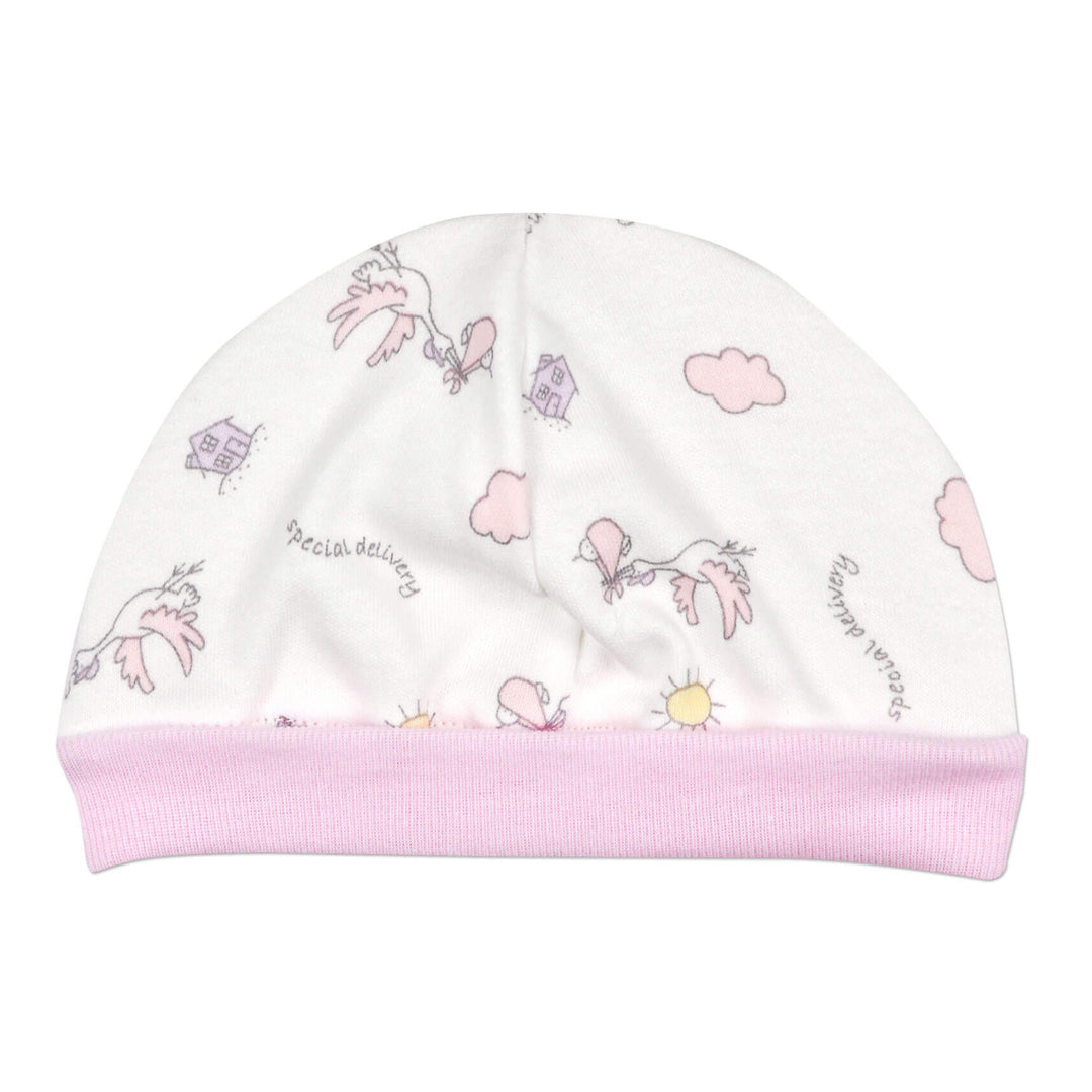 This little Pink Stork cap is perfect for preemies. The fold-up band helps keep bright lights out of little eyes, and provides growing room.