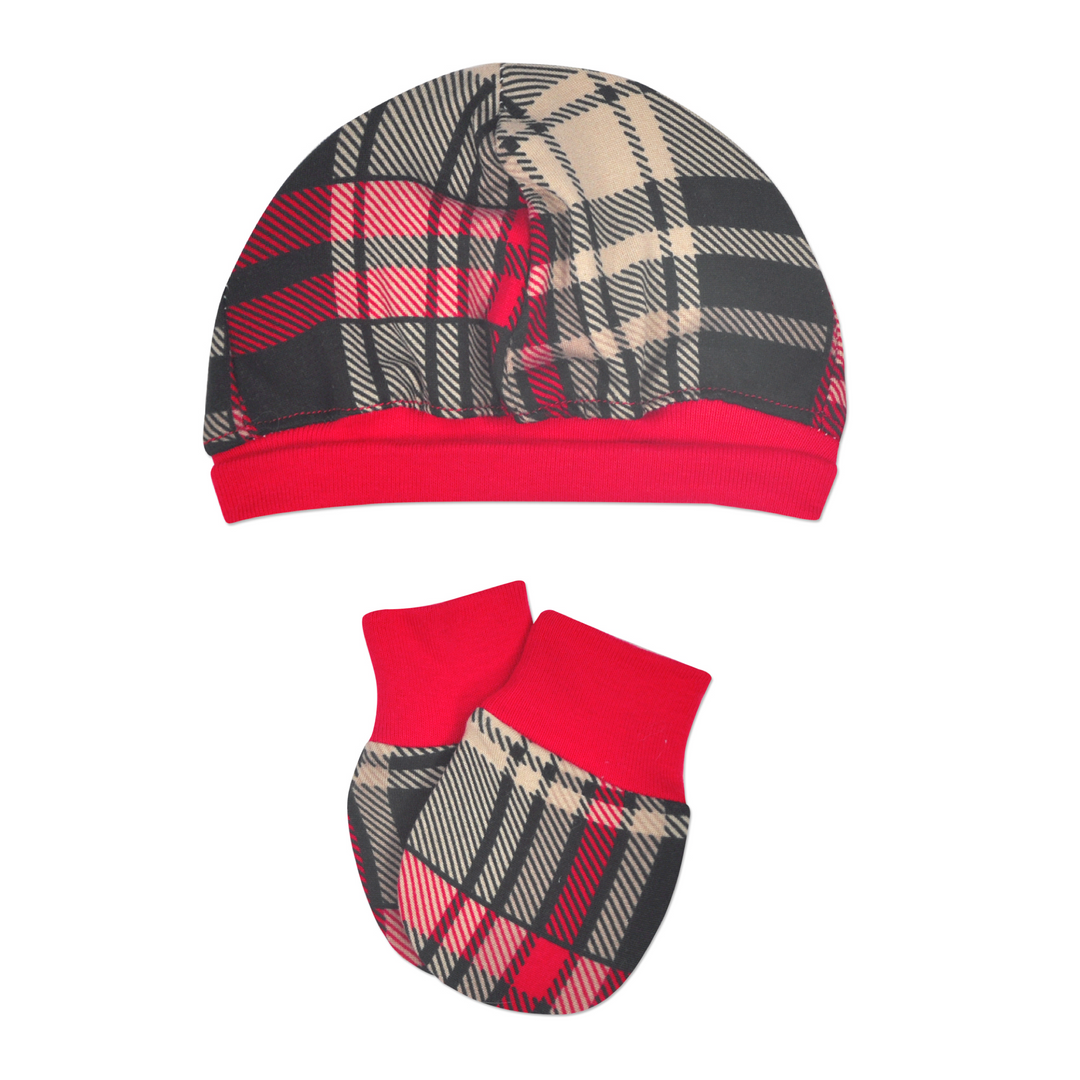 Red and Black Plaid Cap & Mitten Set