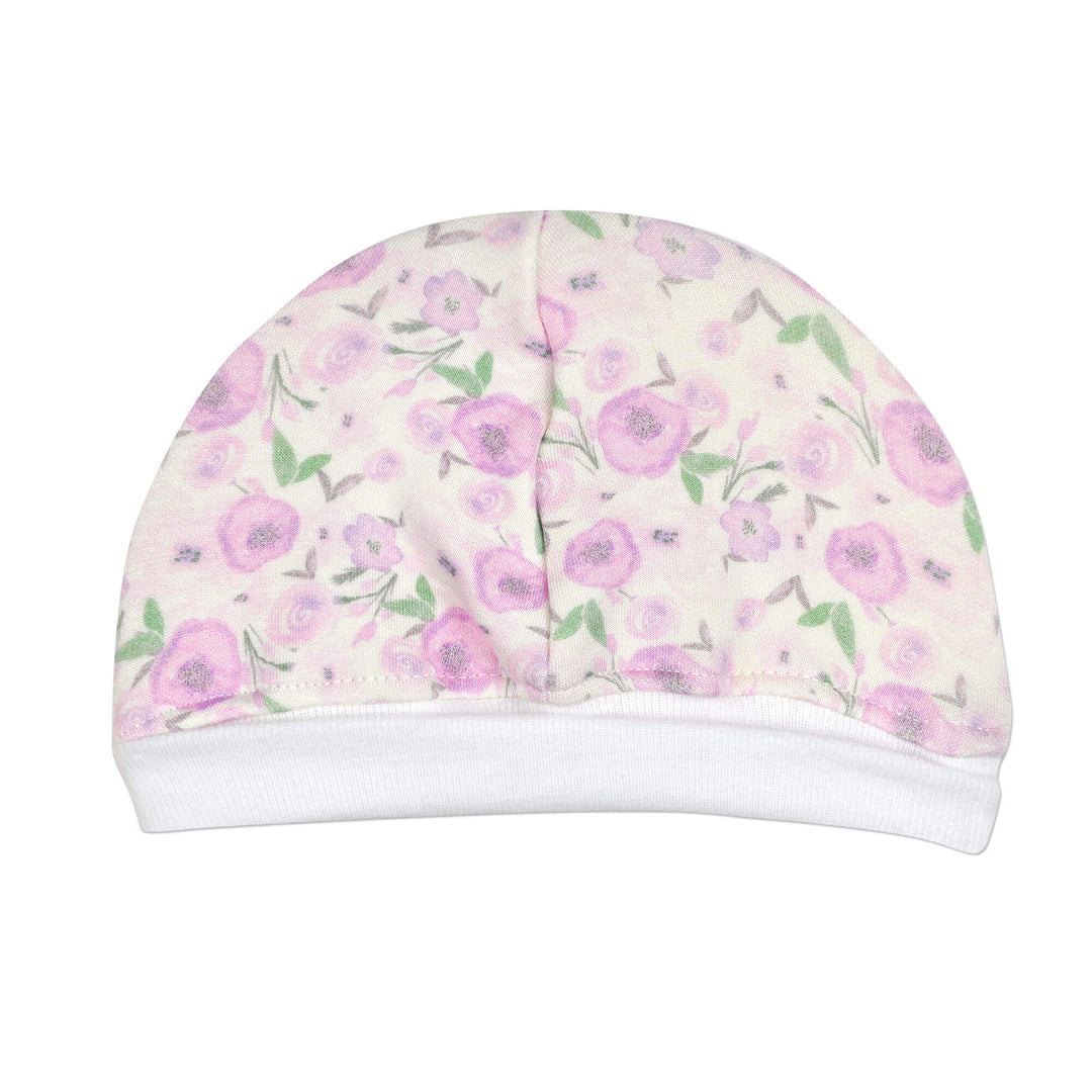 This little Purple Floral cap is perfect for preemies. The fold-up band helps keep bright lights out of little eyes, and provides growing room.