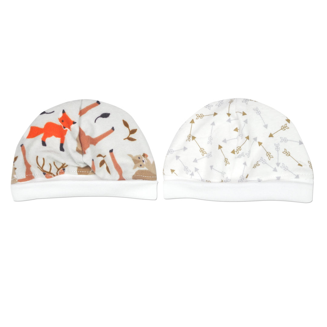 Woodland Animals White 2PK Flannel Cap Set