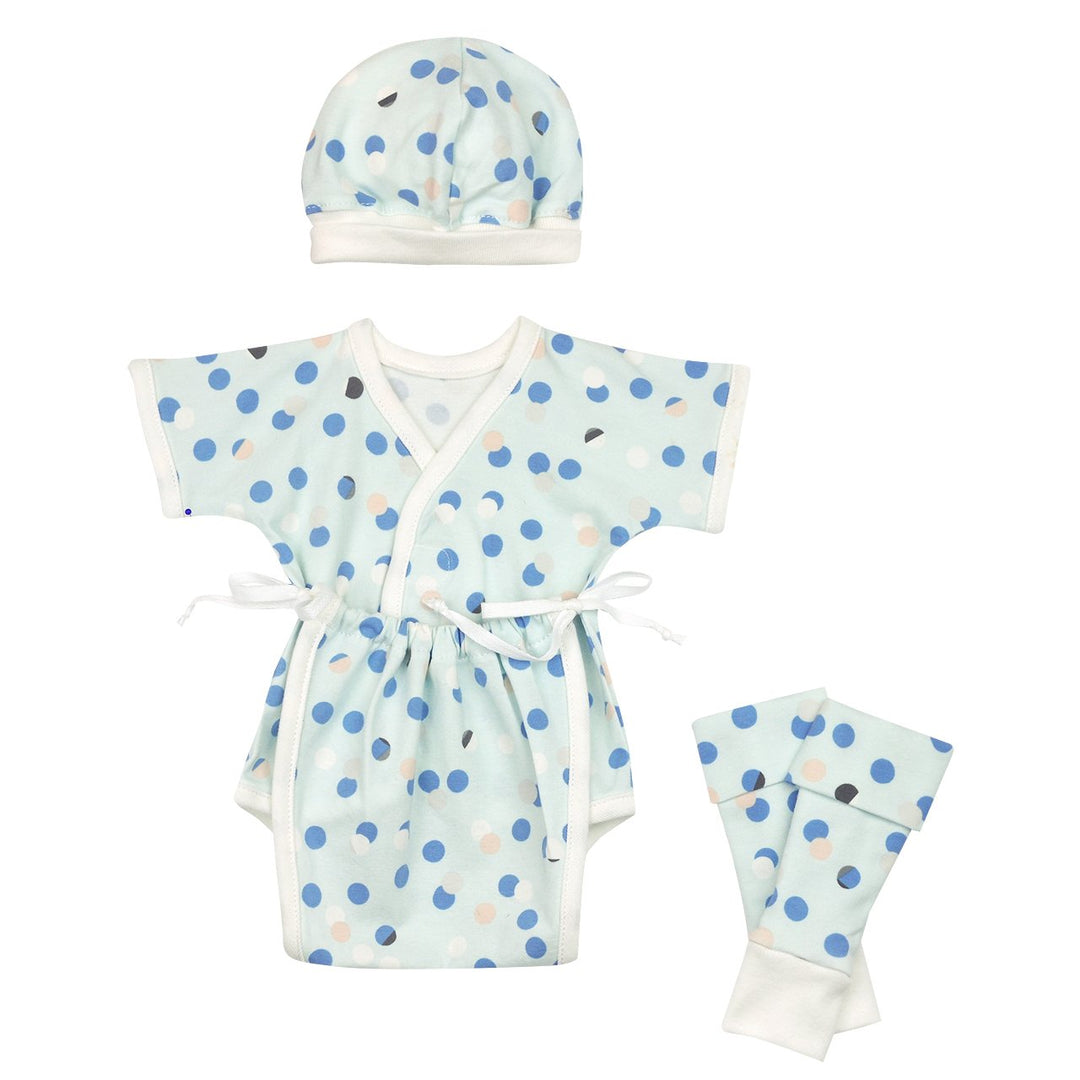 Preemie Unisex, Sweet-Tee Bodysuit. Blue Polka Dots, With Matching Cap and Legwarmers. Adjustable Velcro closure in front & adjustable side ties, Excellent NICU access for any needs