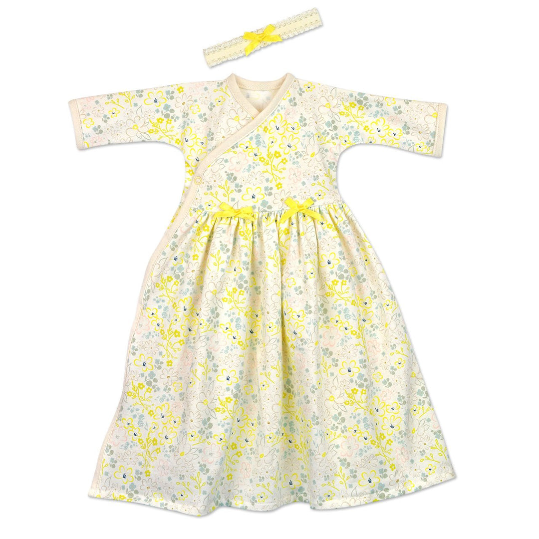 Preemie Girls yellow and ivory side snap long dress, with headband. Featuring yellow bows