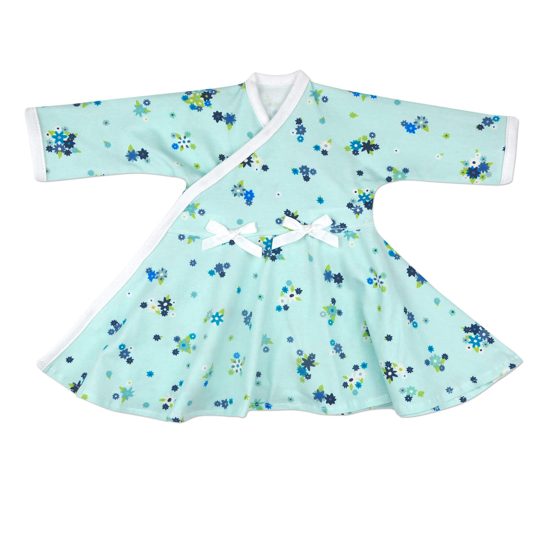 This Aqua blue floral dress is easy to use, with velcro closures and the wrap styling.