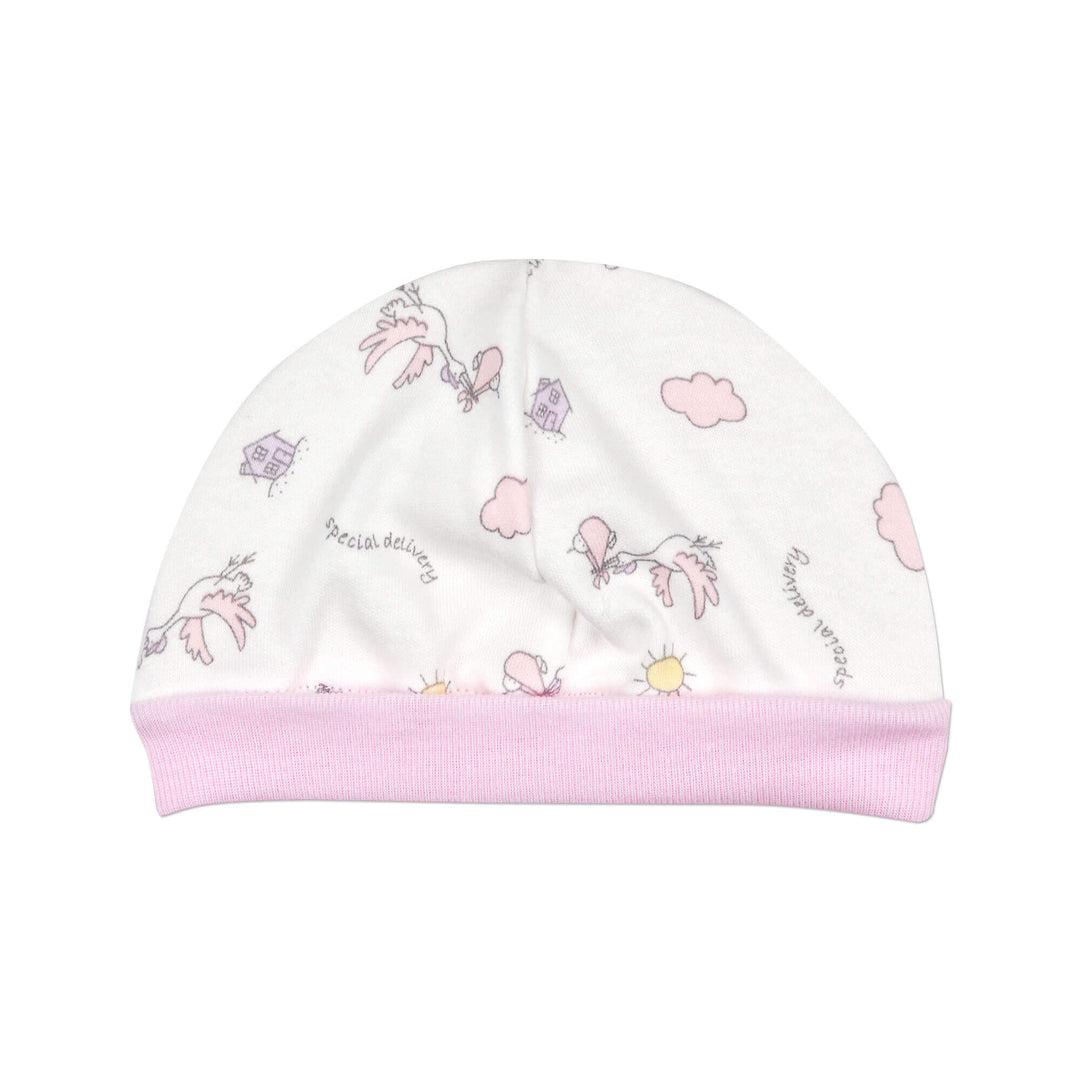This little Pink Stork cap is perfect for preemies. The fold-up band helps keep bright lights out of little eyes, and provides growing room.