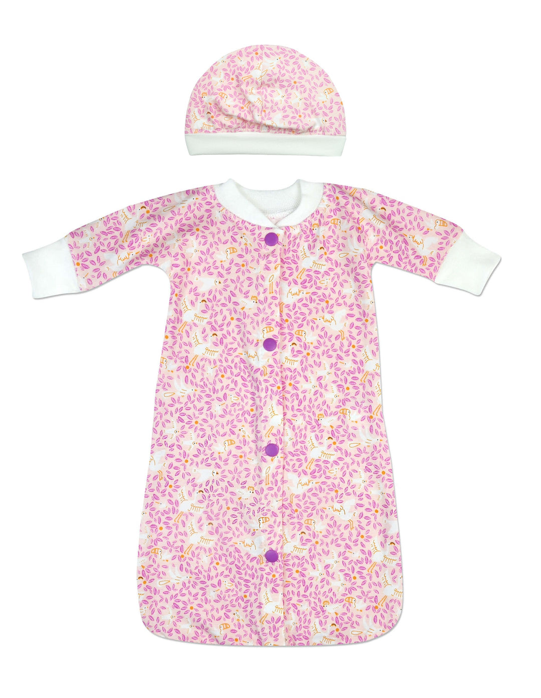 These simple gowns are great little sleepers for preemies. The plastic snaps work great inside and outside the NICU. A matching cap, helps keep your little one warm.