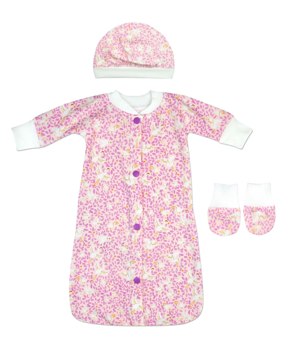 These simple gowns are great little sleepers for preemies. The plastic snaps work great inside and outside the NICU. Matching hat and mittens will keep your little one cute from head to toe.
