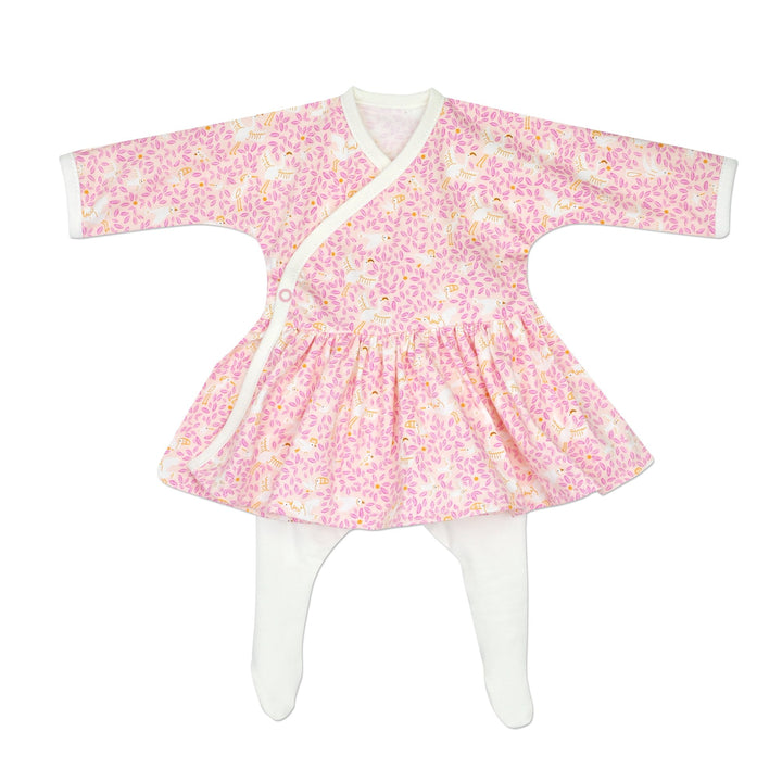 Preemie Girls Pink Floral Side Snap Dress With Matching Tights