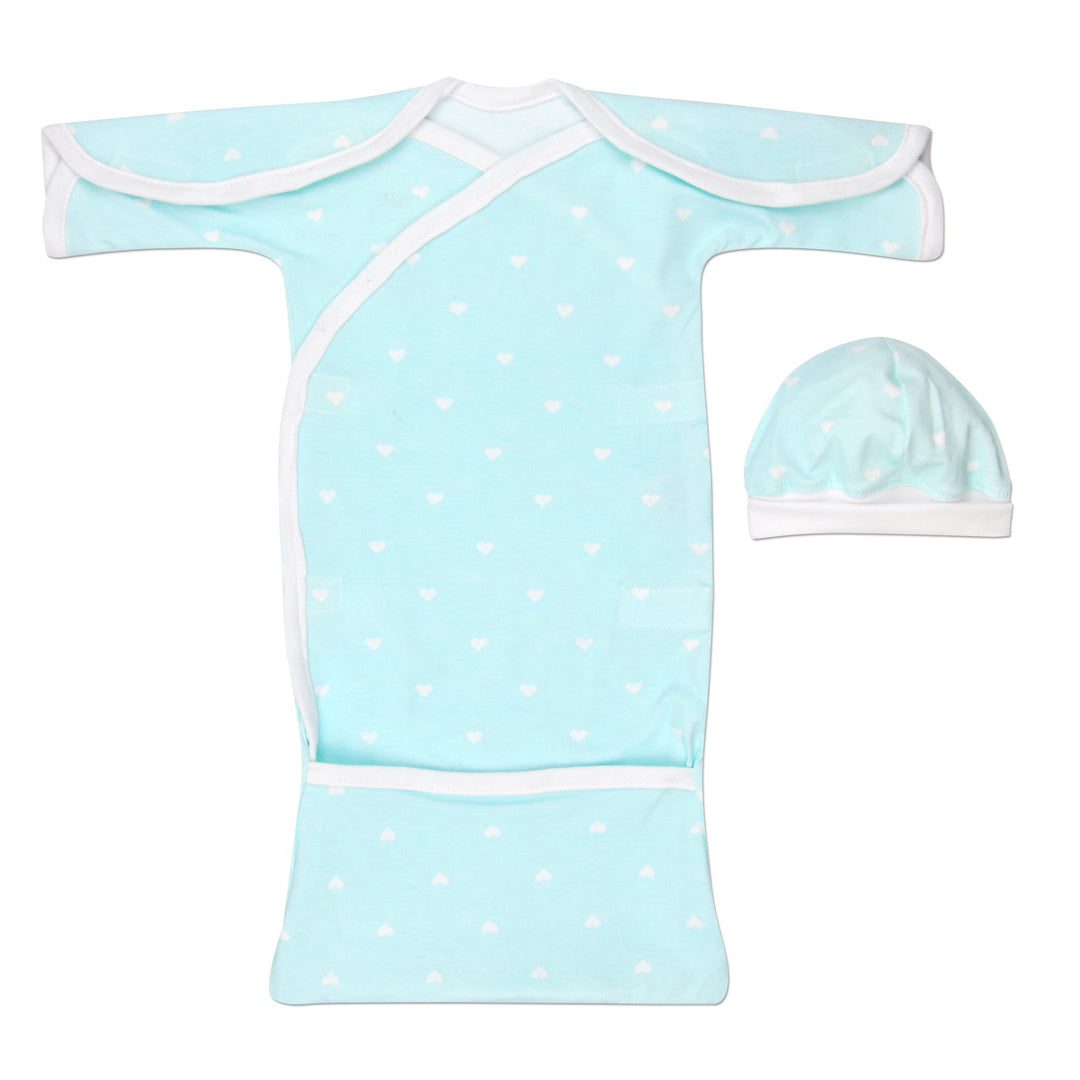 Preemie Girls NICU-Friendly Gown, Easy Dressing Style with Velcro Closures, With Fold Over Bottom Making For Easy Access For Diaper Changes. Blue and White Heart Print, with Matching Hat